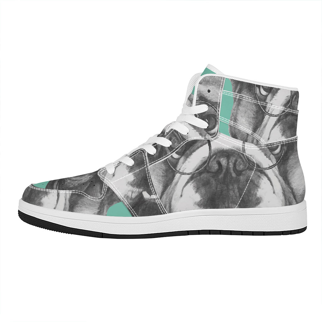 English Bulldog With Glasses Print High Top Leather Sneakers