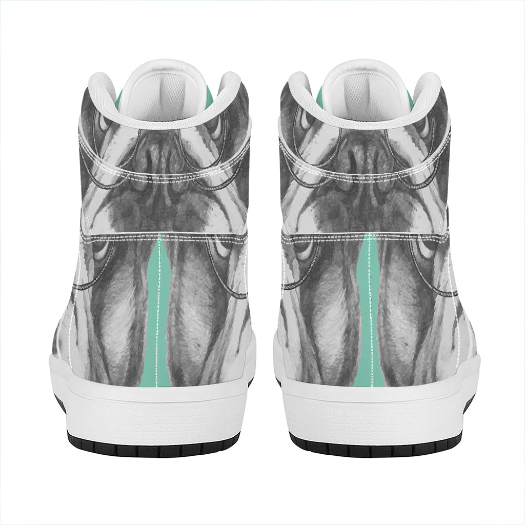 English Bulldog With Glasses Print High Top Leather Sneakers