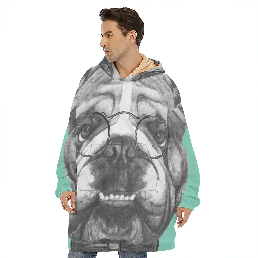 English Bulldog With Glasses Print Hoodie Blanket