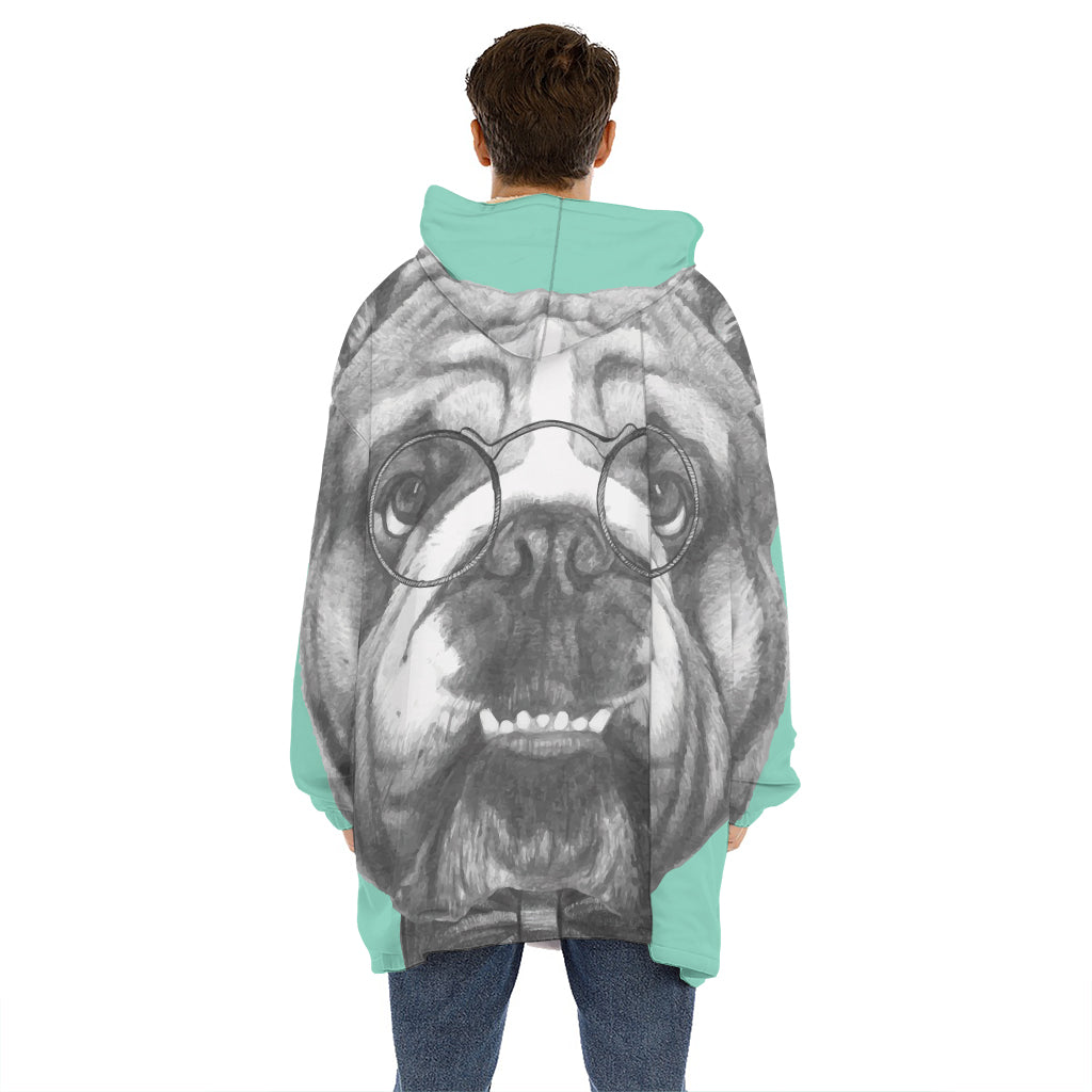 English Bulldog With Glasses Print Hoodie Blanket