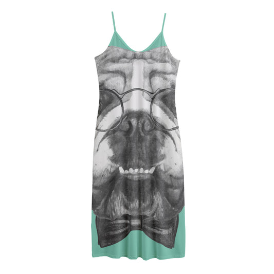 English Bulldog With Glasses Print Jersey Midi Cami Dress