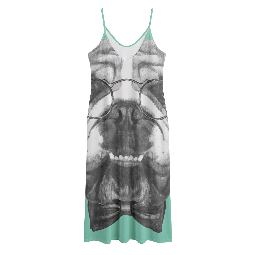 English Bulldog With Glasses Print Jersey Midi Cami Dress