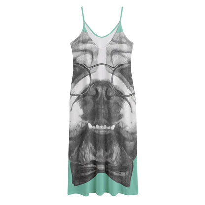 English Bulldog With Glasses Print Jersey Midi Cami Dress