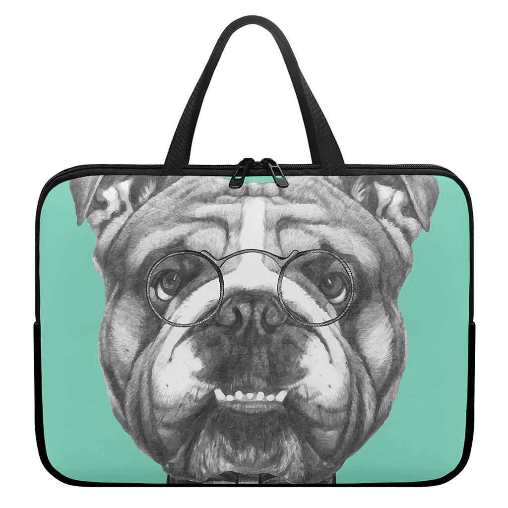 English Bulldog With Glasses Print Laptop Sleeve With Handle