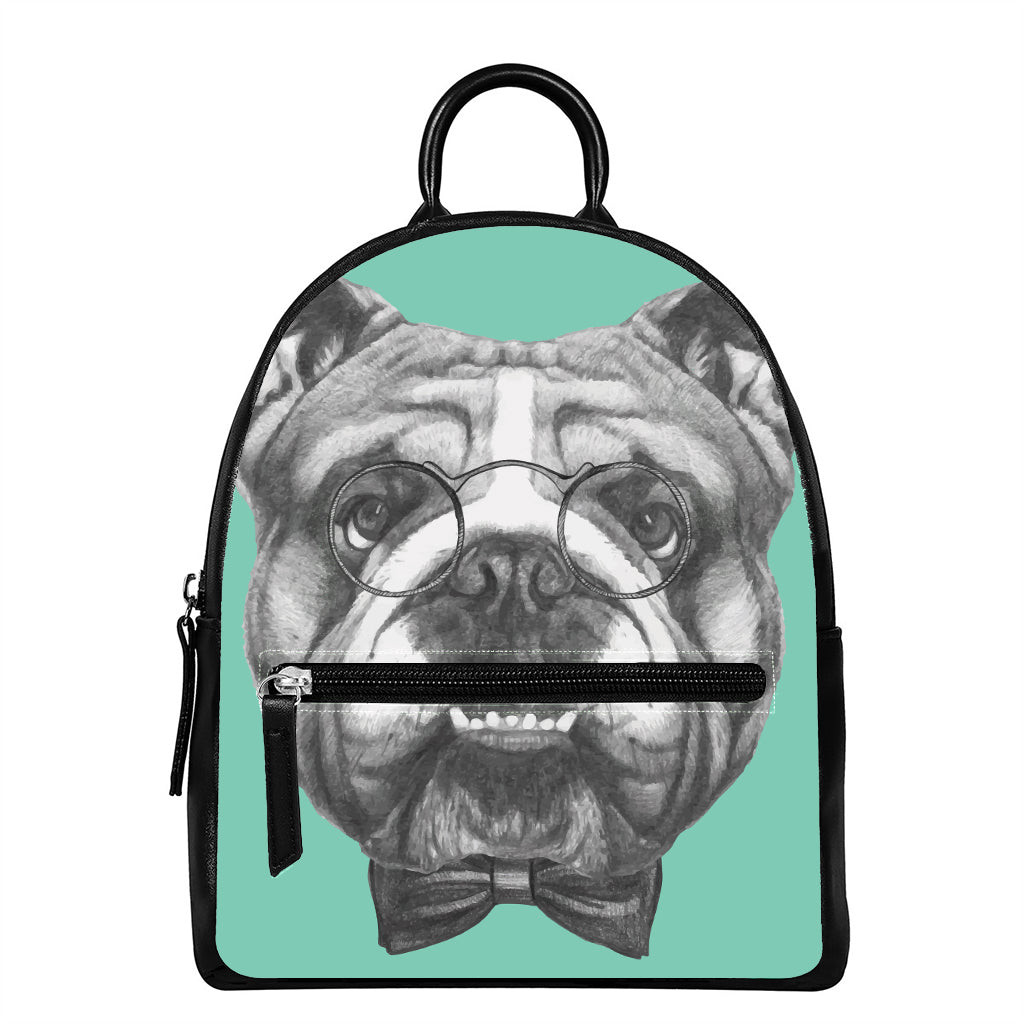 English Bulldog With Glasses Print Leather Backpack