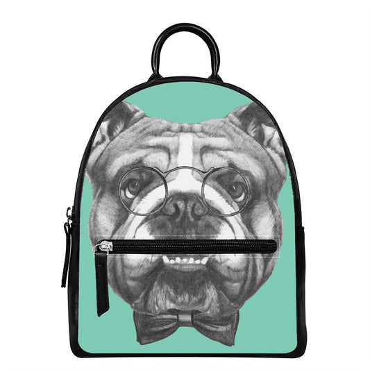 English Bulldog With Glasses Print Leather Backpack