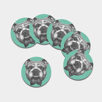 English Bulldog With Glasses Print Leather Coaster Set