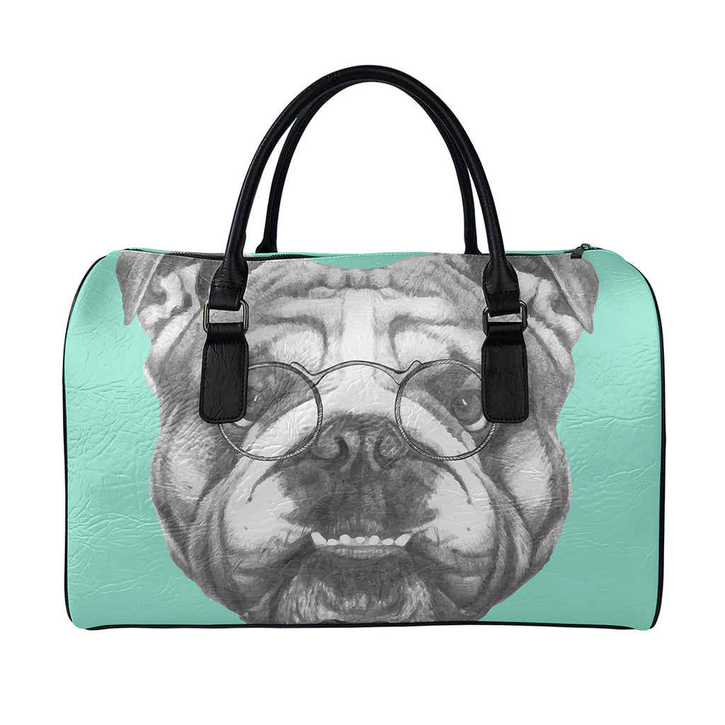 English Bulldog With Glasses Print Leather Duffle Bag