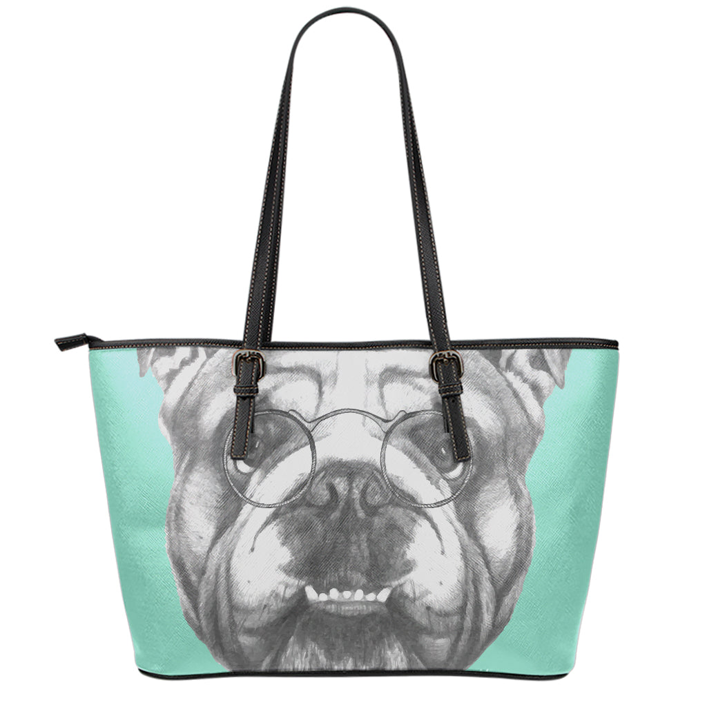 English Bulldog With Glasses Print Leather Tote Bag