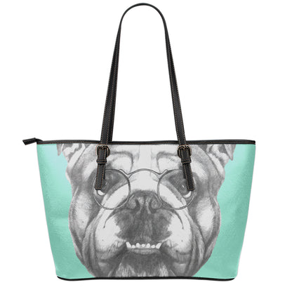 English Bulldog With Glasses Print Leather Tote Bag