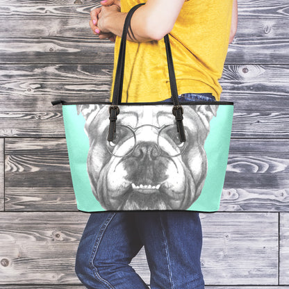 English Bulldog With Glasses Print Leather Tote Bag