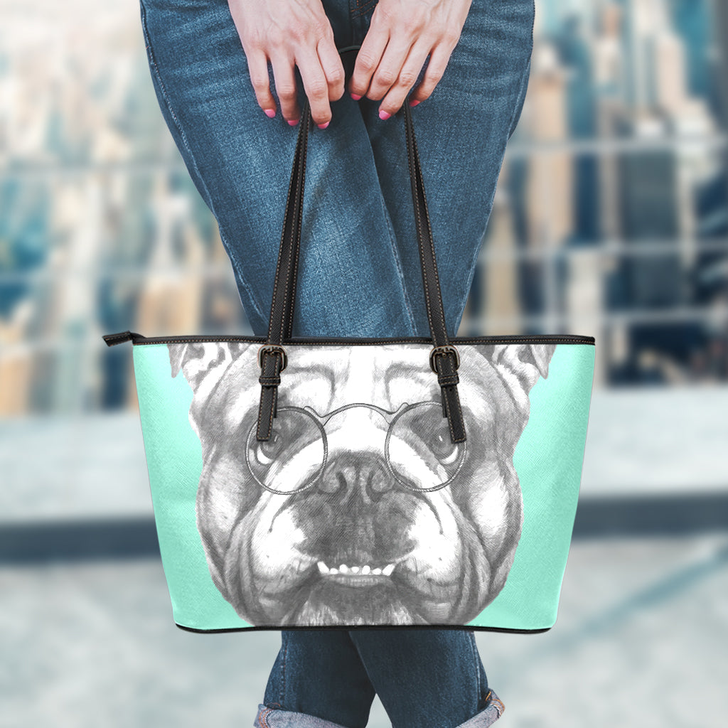 English Bulldog With Glasses Print Leather Tote Bag