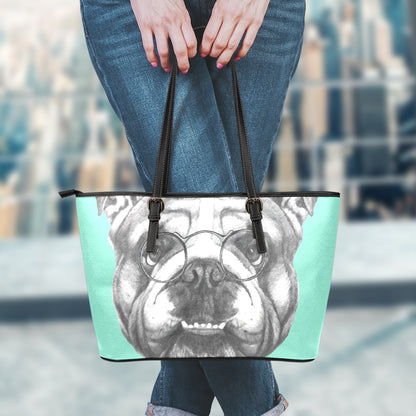 English Bulldog With Glasses Print Leather Tote Bag