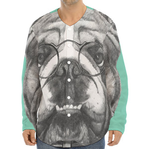 English Bulldog With Glasses Print Long Sleeve Baseball Jersey