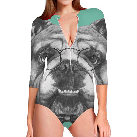 English Bulldog With Glasses Print Long Sleeve Swimsuit