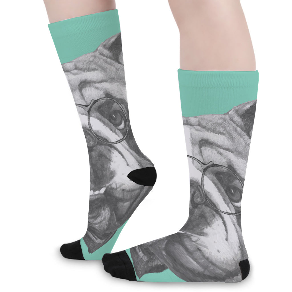 English Bulldog With Glasses Print Long Socks
