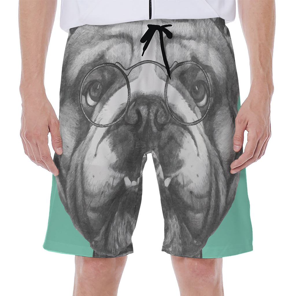English Bulldog With Glasses Print Men's Beach Shorts