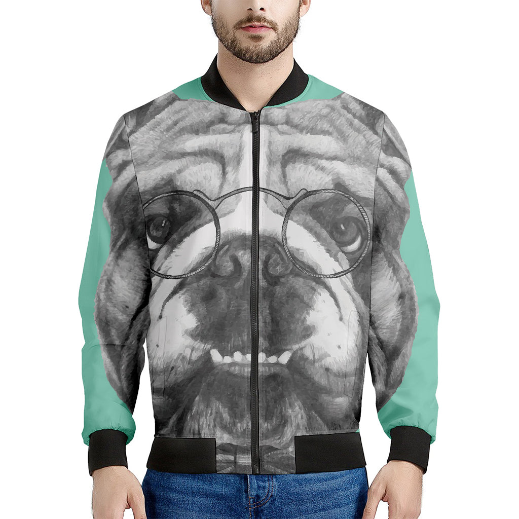 English Bulldog With Glasses Print Men's Bomber Jacket