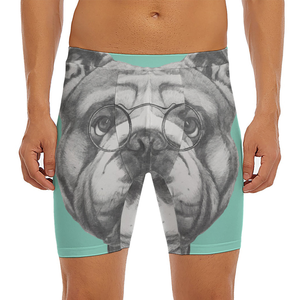 English Bulldog With Glasses Print Men's Long Boxer Briefs