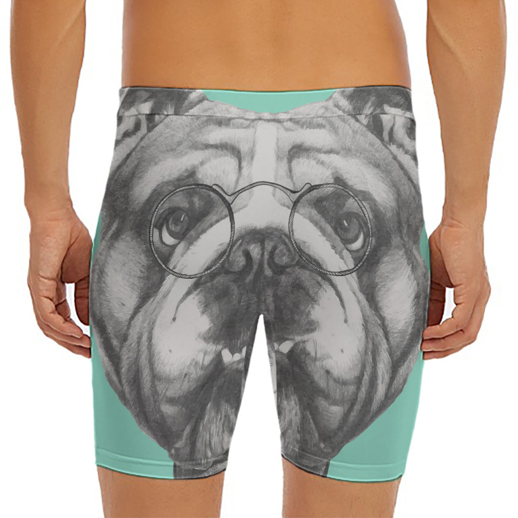 English Bulldog With Glasses Print Men's Long Boxer Briefs