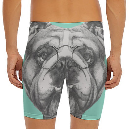 English Bulldog With Glasses Print Men's Long Boxer Briefs