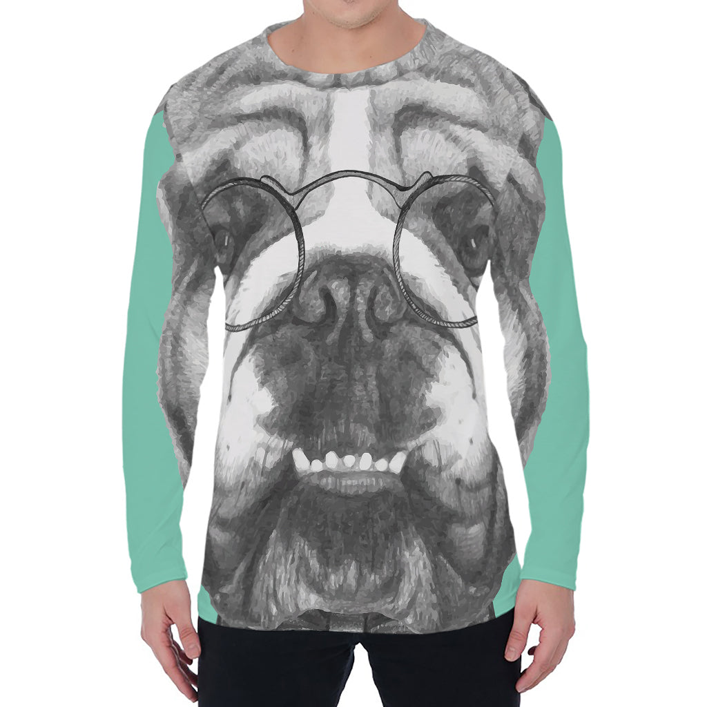 English Bulldog With Glasses Print Men's Long Sleeve T-Shirt