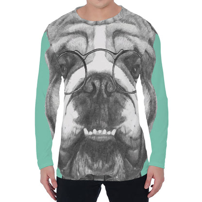 English Bulldog With Glasses Print Men's Long Sleeve T-Shirt