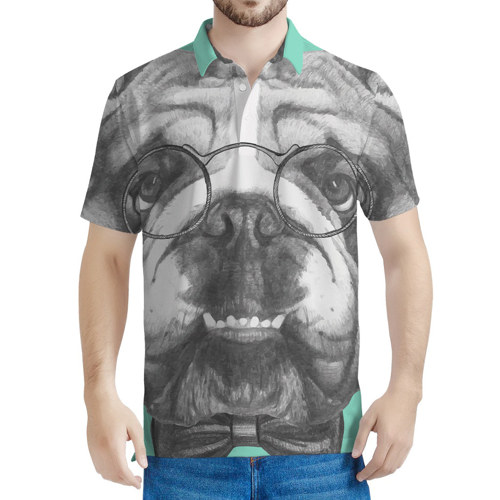 English Bulldog With Glasses Print Men's Polo Shirt