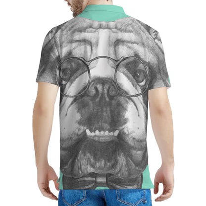 English Bulldog With Glasses Print Men's Polo Shirt
