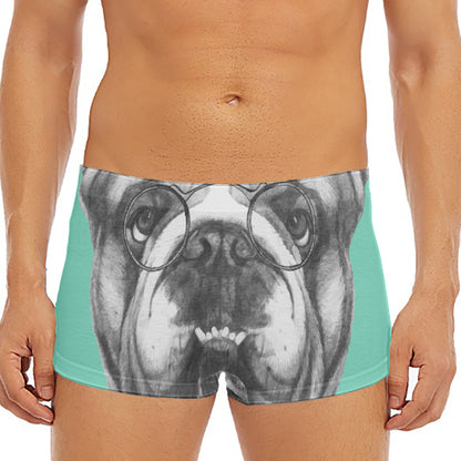 English Bulldog With Glasses Print Men's Short Boxer Briefs