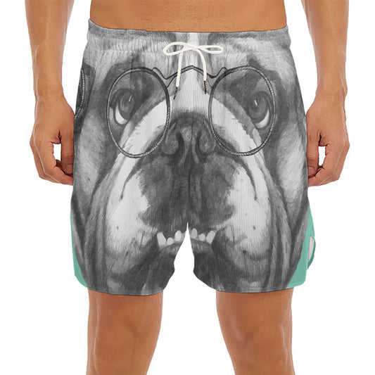 English Bulldog With Glasses Print Men's Split Running Shorts