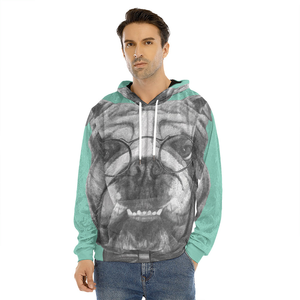 English Bulldog With Glasses Print Men's Velvet Pullover Hoodie
