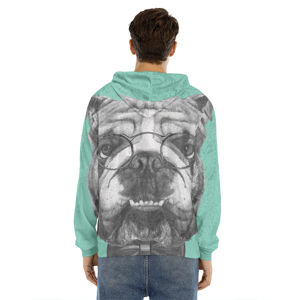 English Bulldog With Glasses Print Men's Velvet Pullover Hoodie