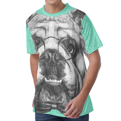 English Bulldog With Glasses Print Men's Velvet T-Shirt