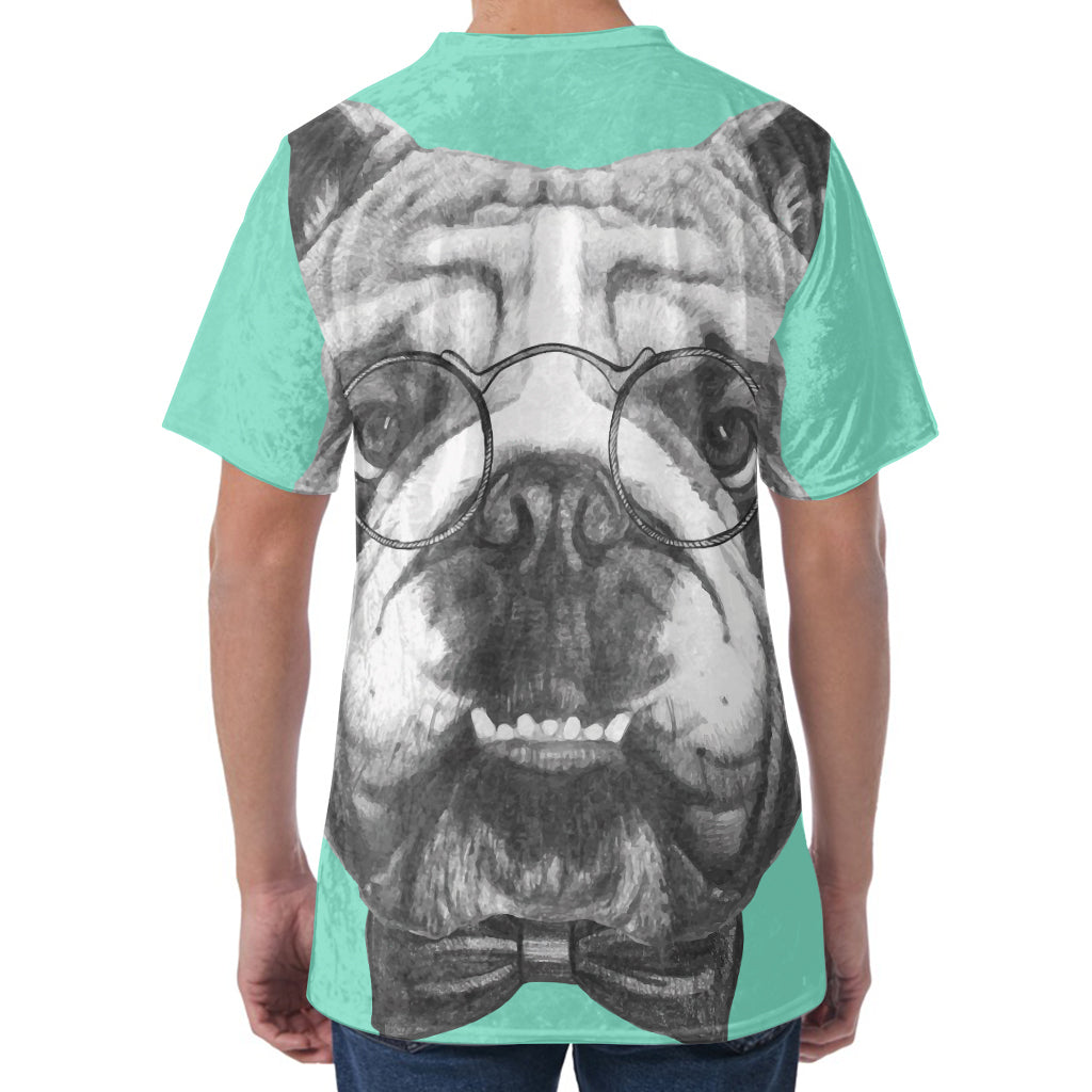 English Bulldog With Glasses Print Men's Velvet T-Shirt