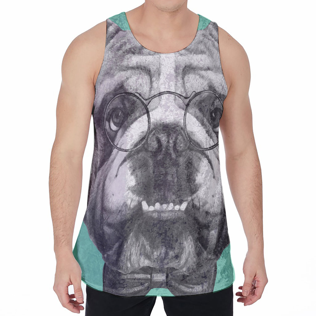 English Bulldog With Glasses Print Men's Velvet Tank Top