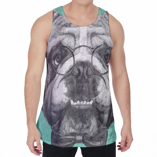 English Bulldog With Glasses Print Men's Velvet Tank Top