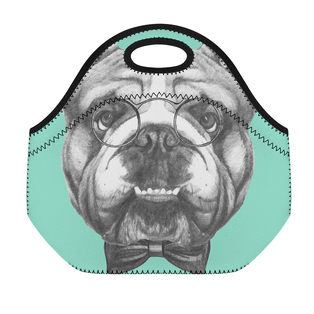English Bulldog With Glasses Print Neoprene Lunch Bag