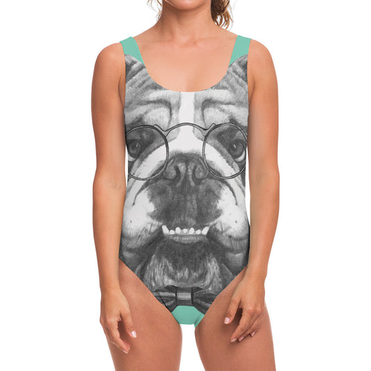 English Bulldog With Glasses Print One Piece Swimsuit