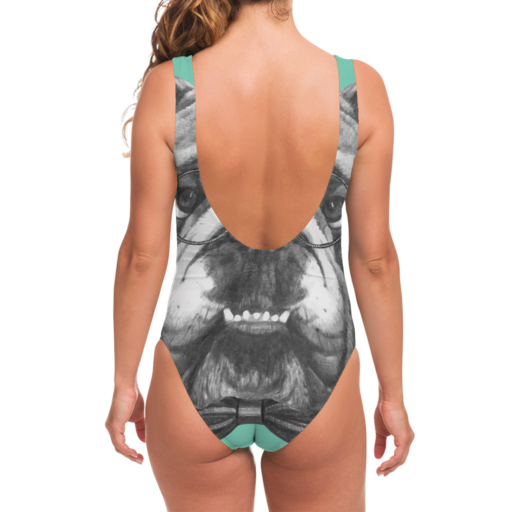 English Bulldog With Glasses Print One Piece Swimsuit