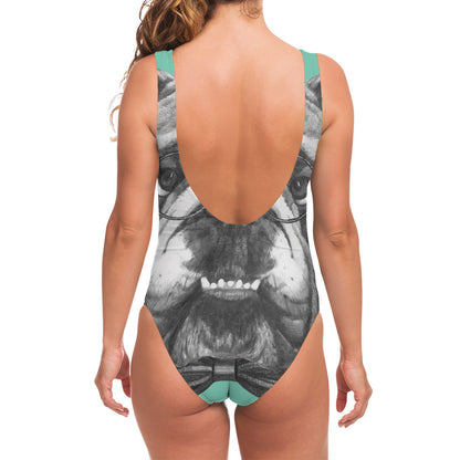 English Bulldog With Glasses Print One Piece Swimsuit