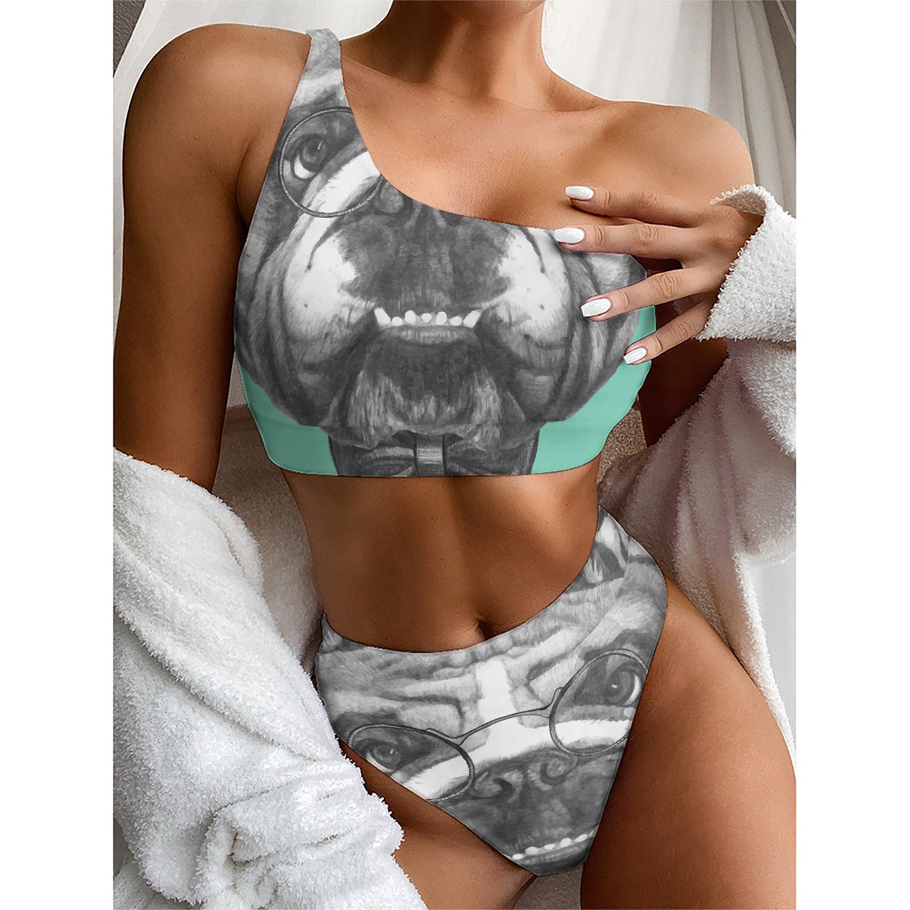 English Bulldog With Glasses Print One Shoulder Bikini Top