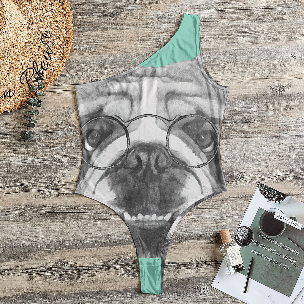 English Bulldog With Glasses Print One Shoulder Bodysuit