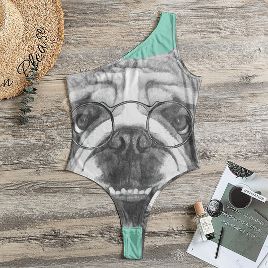 English Bulldog With Glasses Print One Shoulder Bodysuit