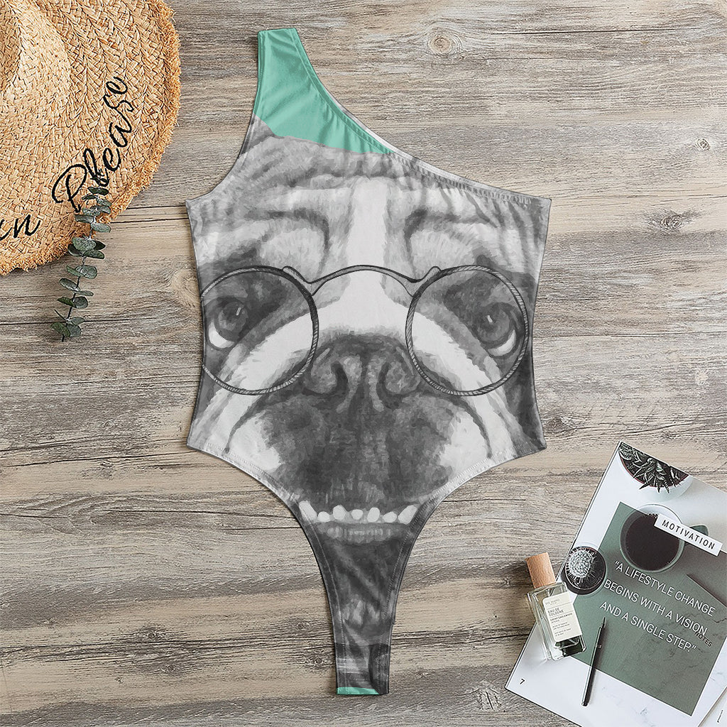 English Bulldog With Glasses Print One Shoulder Bodysuit