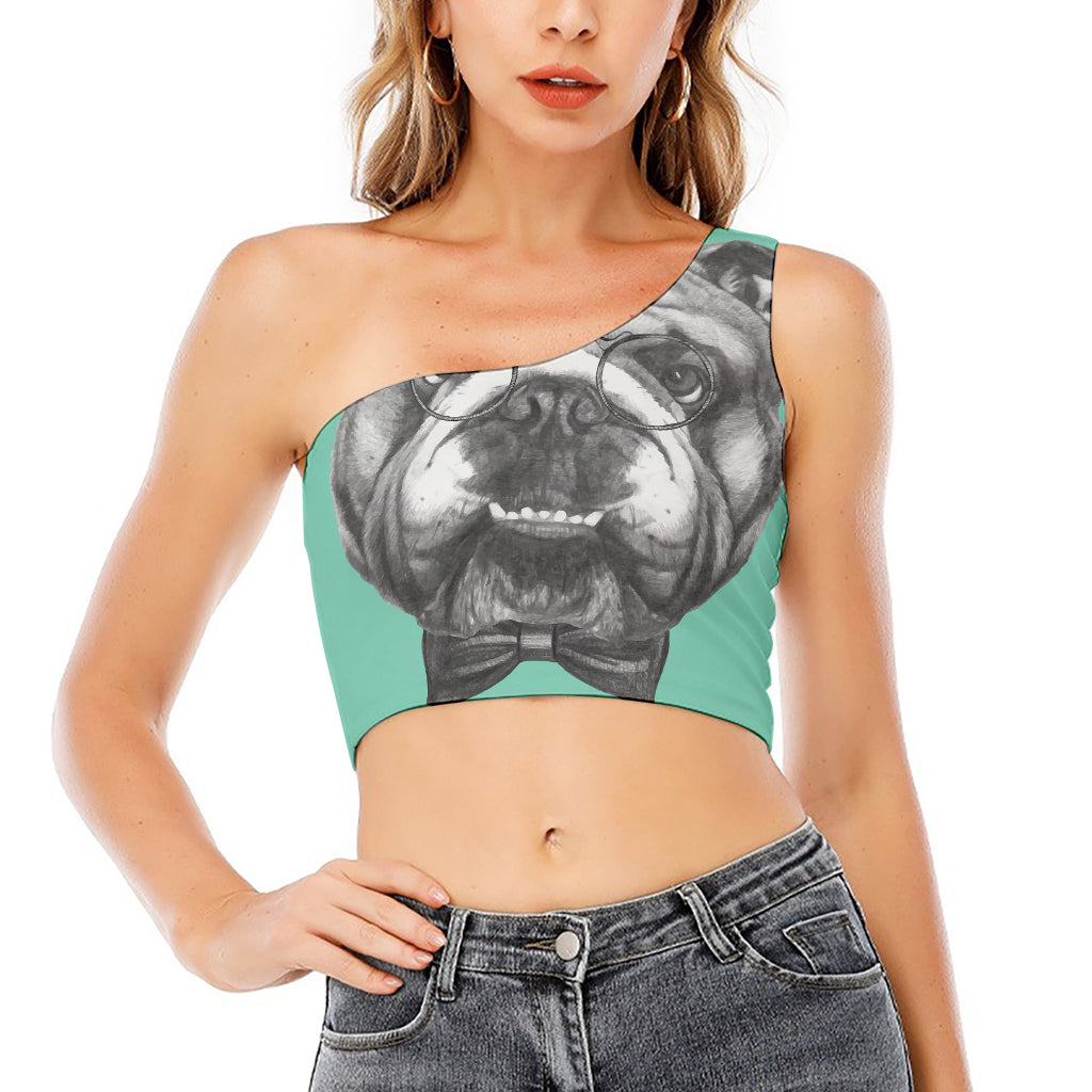English Bulldog With Glasses Print One Shoulder Crop Top