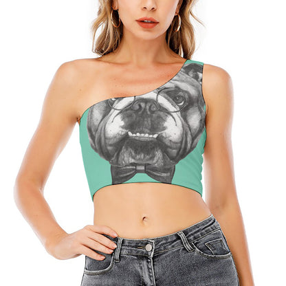English Bulldog With Glasses Print One Shoulder Crop Top