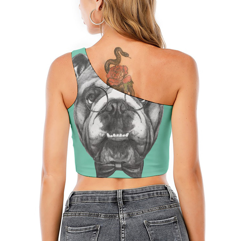 English Bulldog With Glasses Print One Shoulder Crop Top
