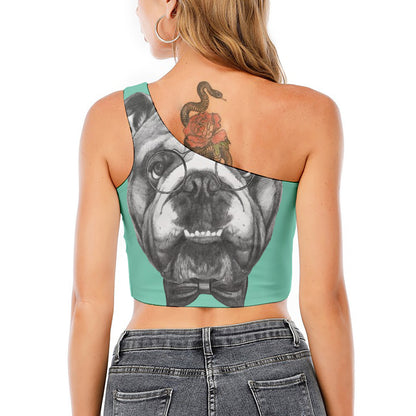English Bulldog With Glasses Print One Shoulder Crop Top