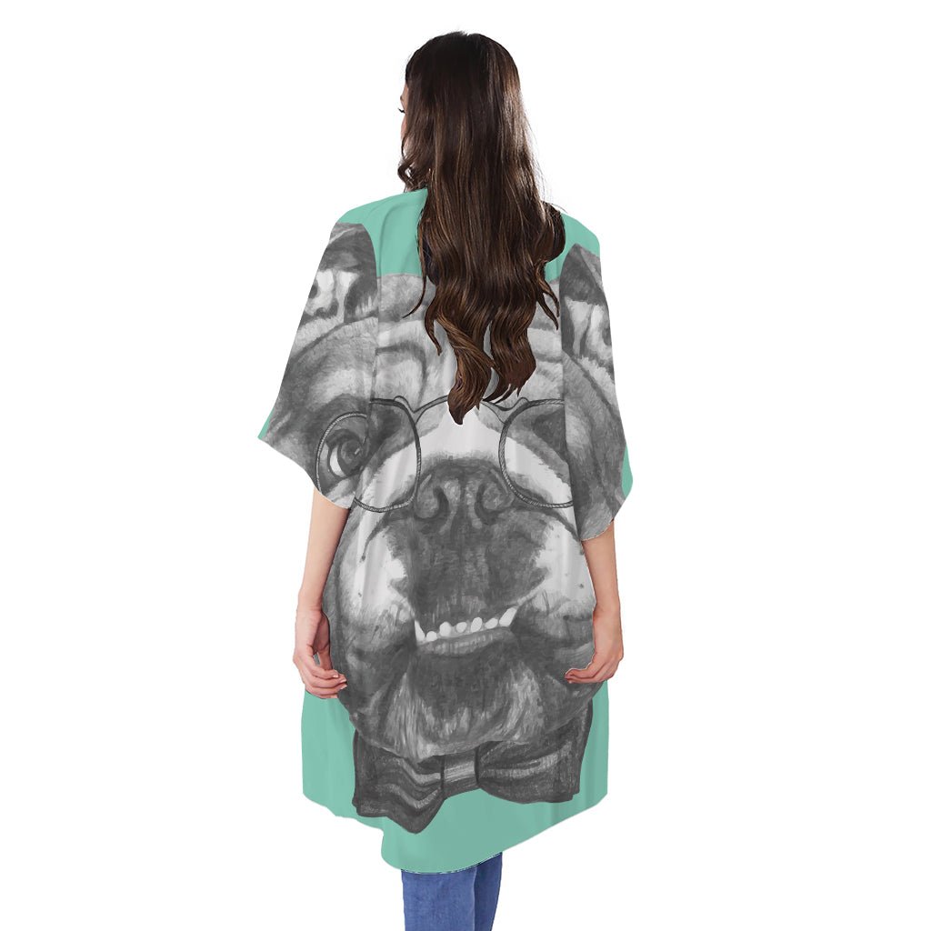 English Bulldog With Glasses Print Open Front Beach Cover Up